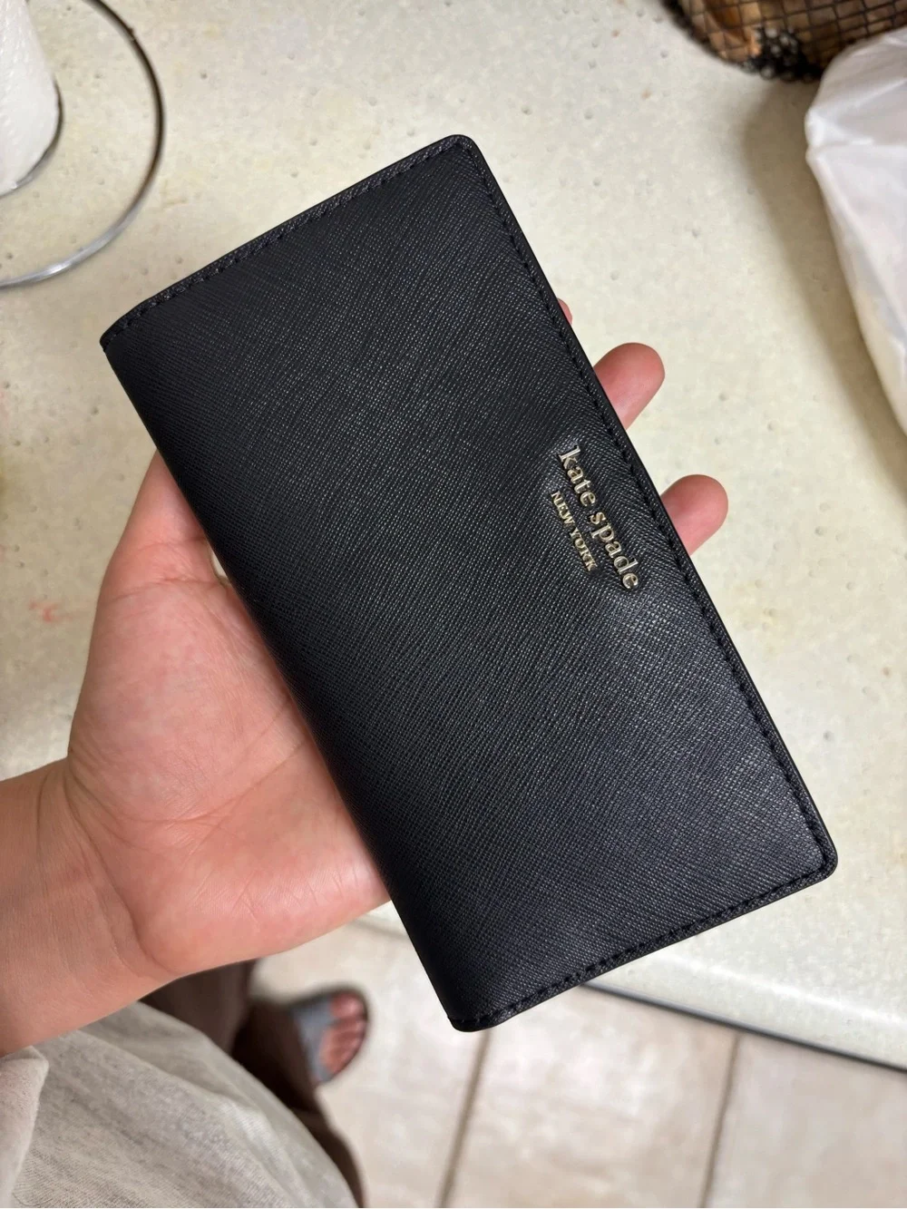 kate spade Black Saffiano Continental Zip Wallet with Gold Logo